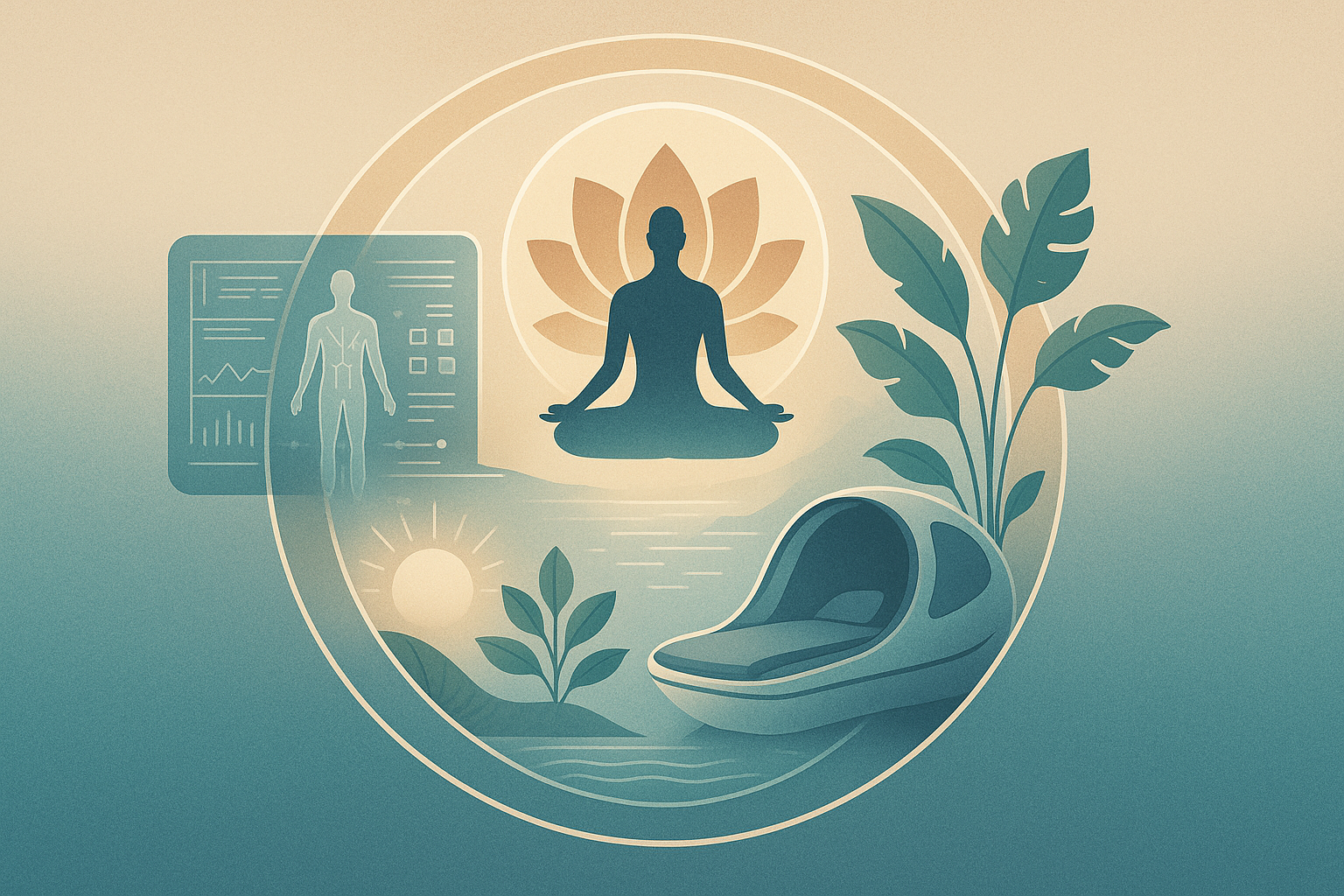 Harmonious wellness environment blending ancient wisdom with modern technology