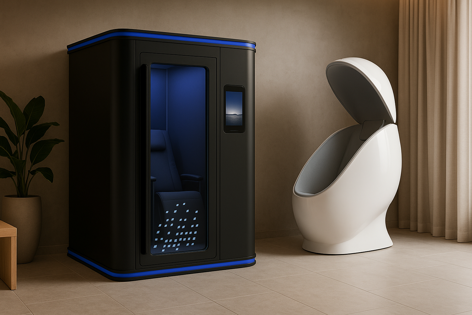 HBOT chamber and cryotherapy pod in a premium wellness space.