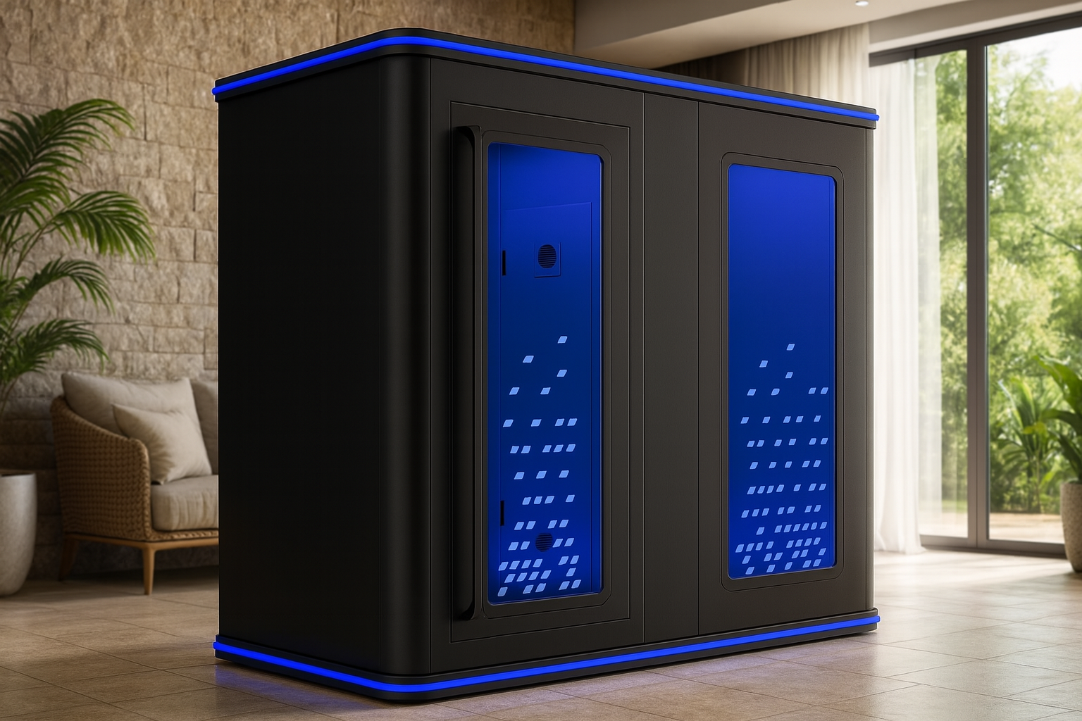 Cryotherapy pod with illuminated interior in a high-end recovery suite.