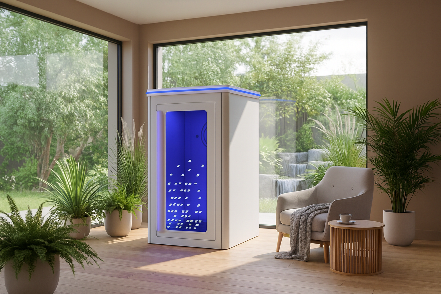 Athlete preparing for a cryotherapy session inside a modern chamber.