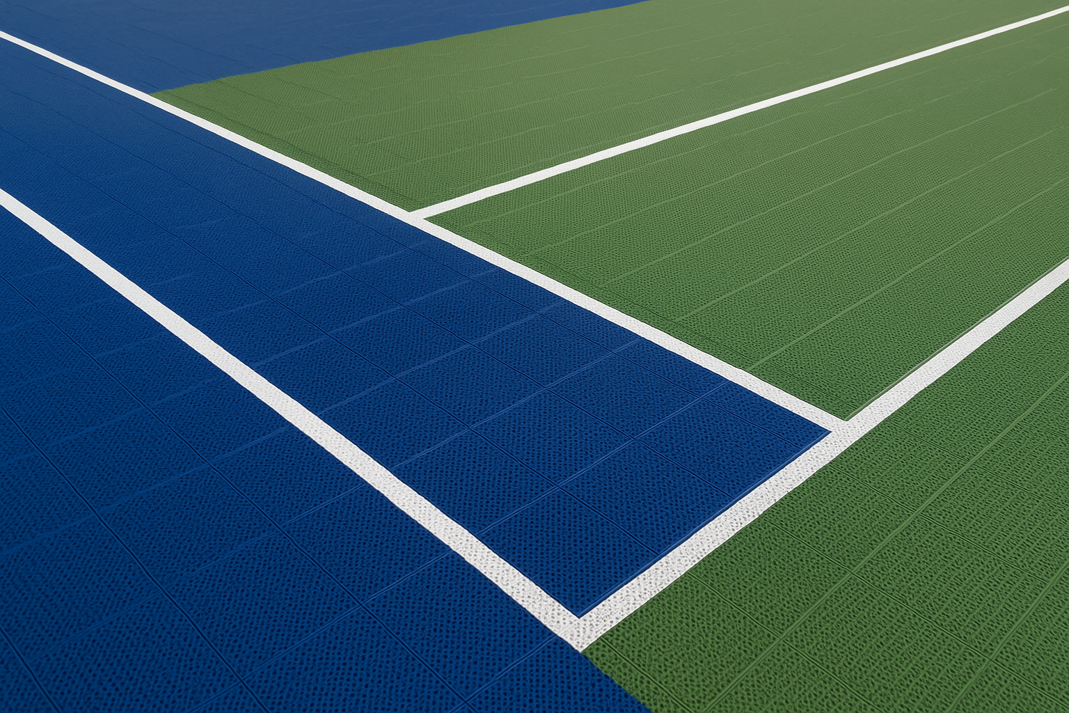 Multi-sport courts with modular polypropylene tiles and ITF-approved tennis surfaces