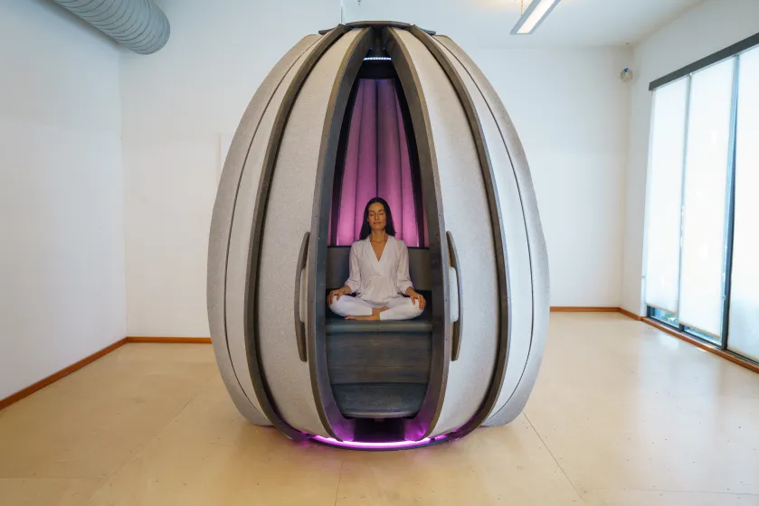Meditation pod with soft lighting